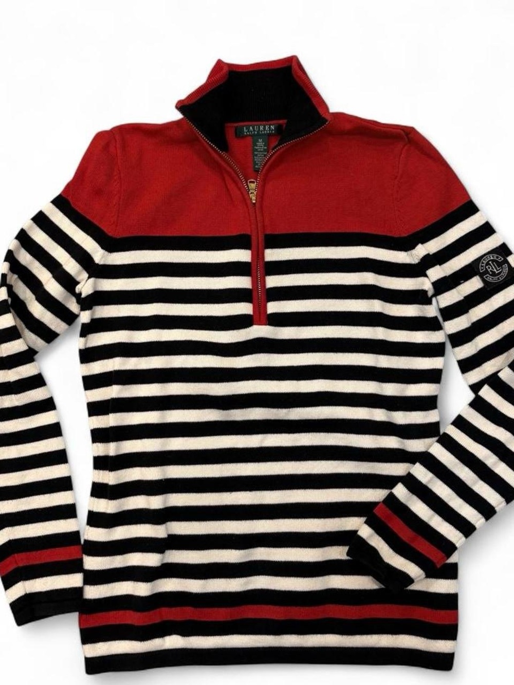 Ralph Lauren Red, Black & White Striped Half-Zip Sweater